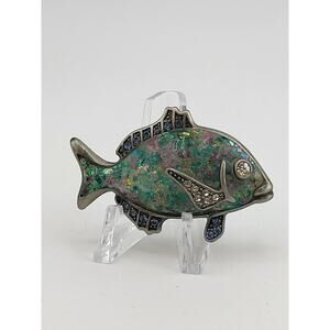 Vintage Fish Brooch Pendant Combo Opalescent Resin Silver Tone Rhinestone
